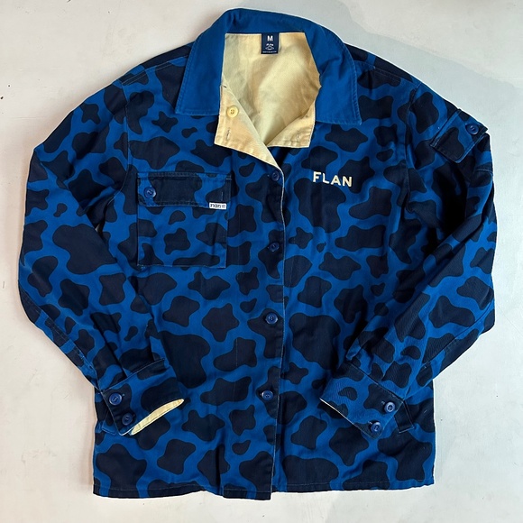 FLAN Labs Find The Farm Blue Cow Print Camouflage Canvas Jacket - Picture 3 of 11